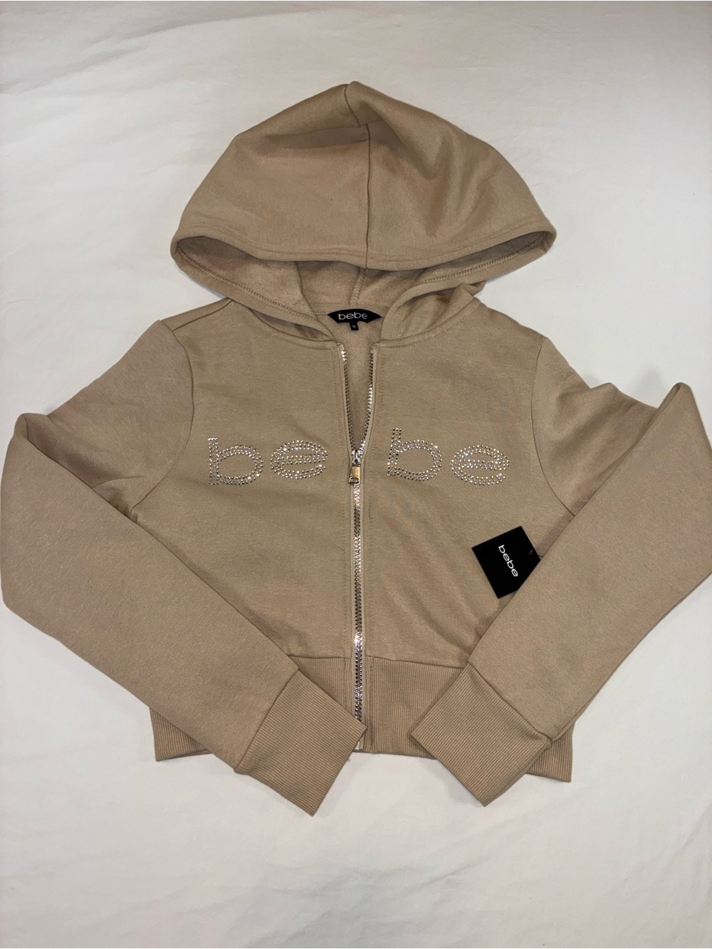 bebe Woman’s Beige Rhinestone Logo Zip Hoodie